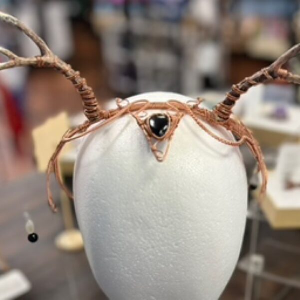 Obsidian, Moonstone, & Amethyst Horned Crown Copper Wire